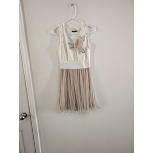 Shulami Womens Cream and Taupe Tulle Mini Dress Floral Applique Sleeveless Small